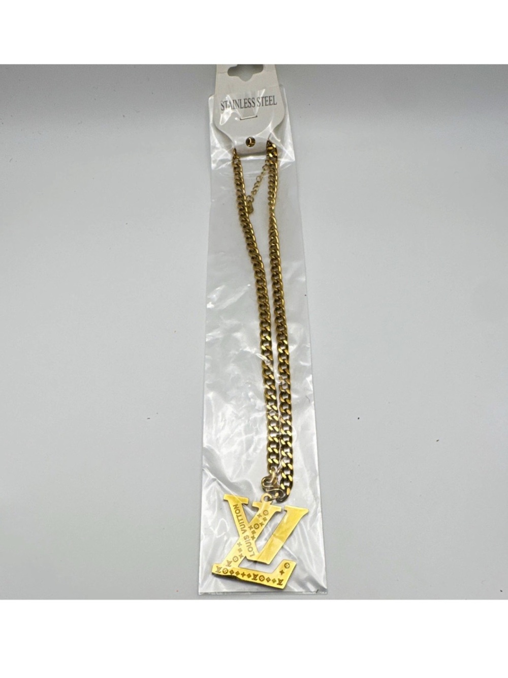Gold Tone LV Letter Pendant Necklace - Stainless Steel